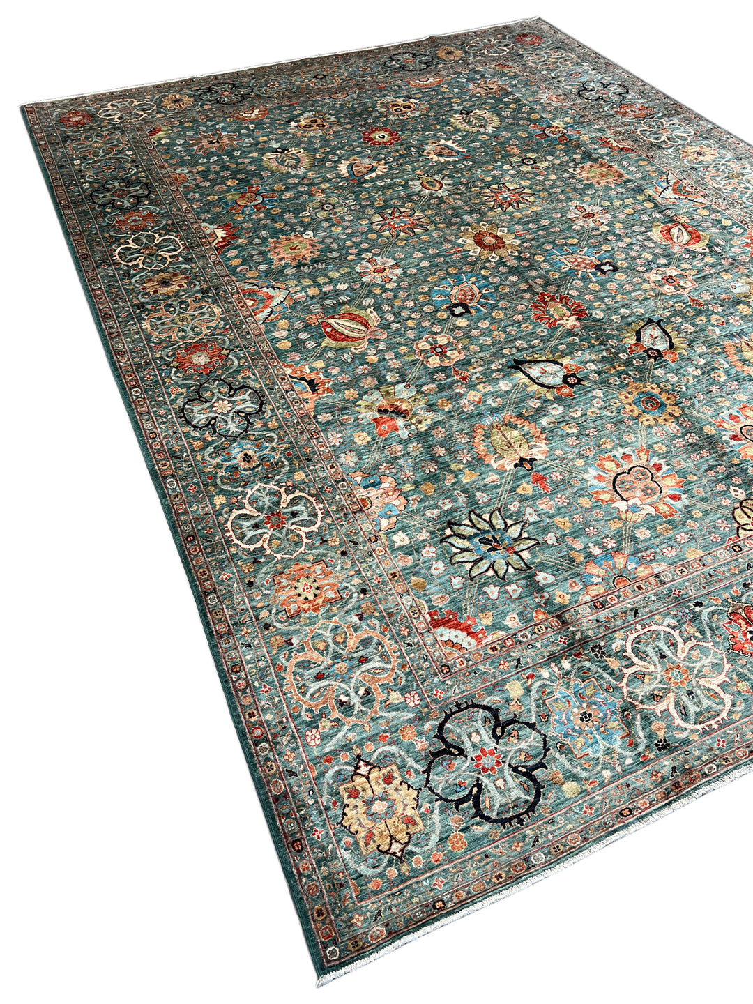 Teal, Aqua &amp; Rust Floral Wool Rug – 9.1’ x 12.3’
