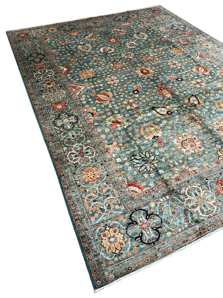 Teal, Aqua &amp; Rust Floral Wool Rug – 9.1’ x 12.3’