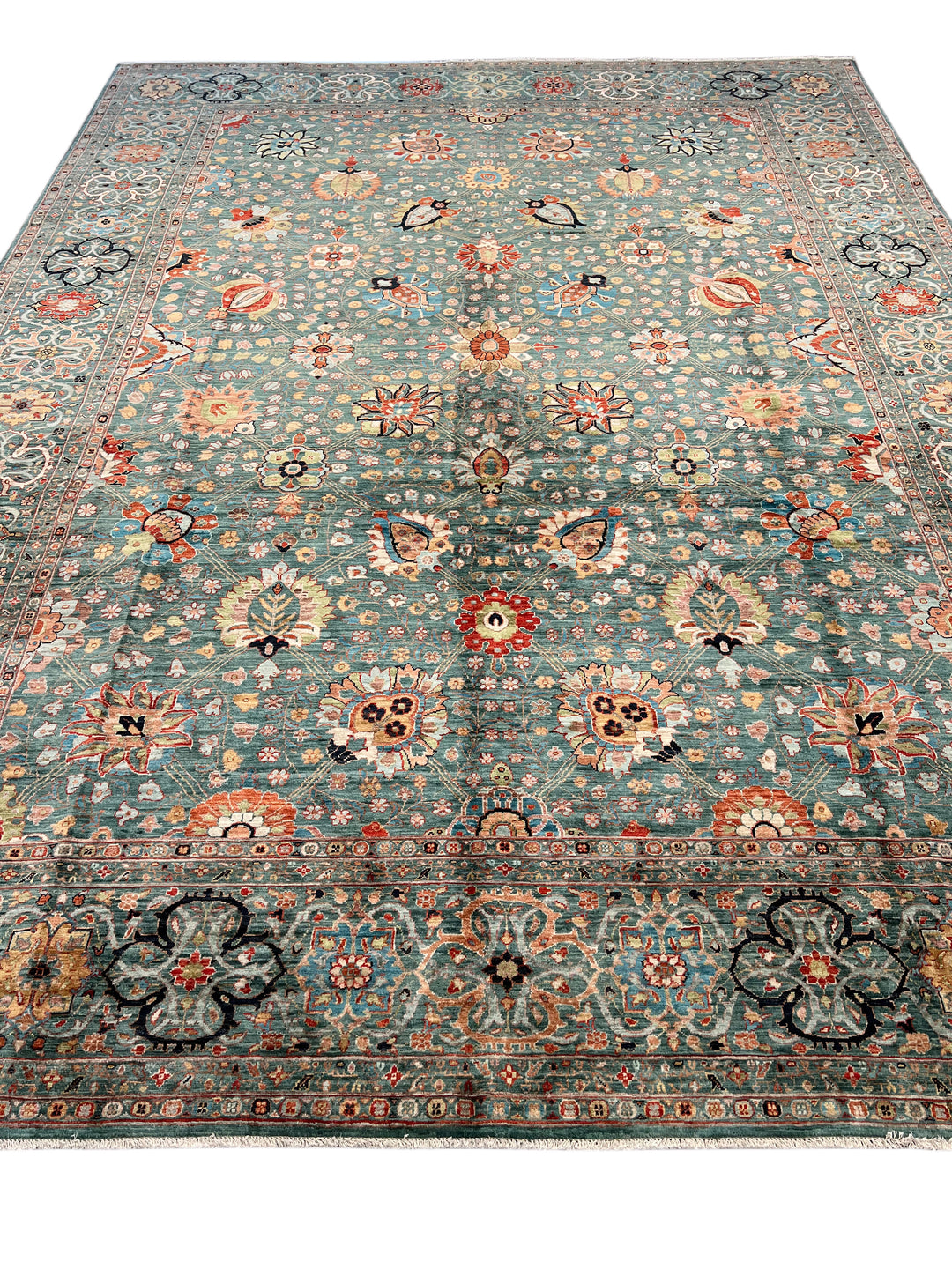 Teal, Aqua &amp; Rust Floral Wool Rug – 9.1’ x 12.3’