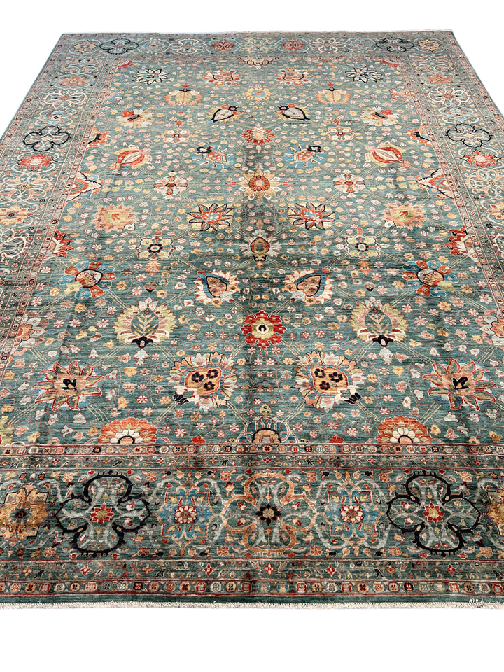 Teal, Aqua &amp; Rust Floral Wool Rug – 9.1’ x 12.3’