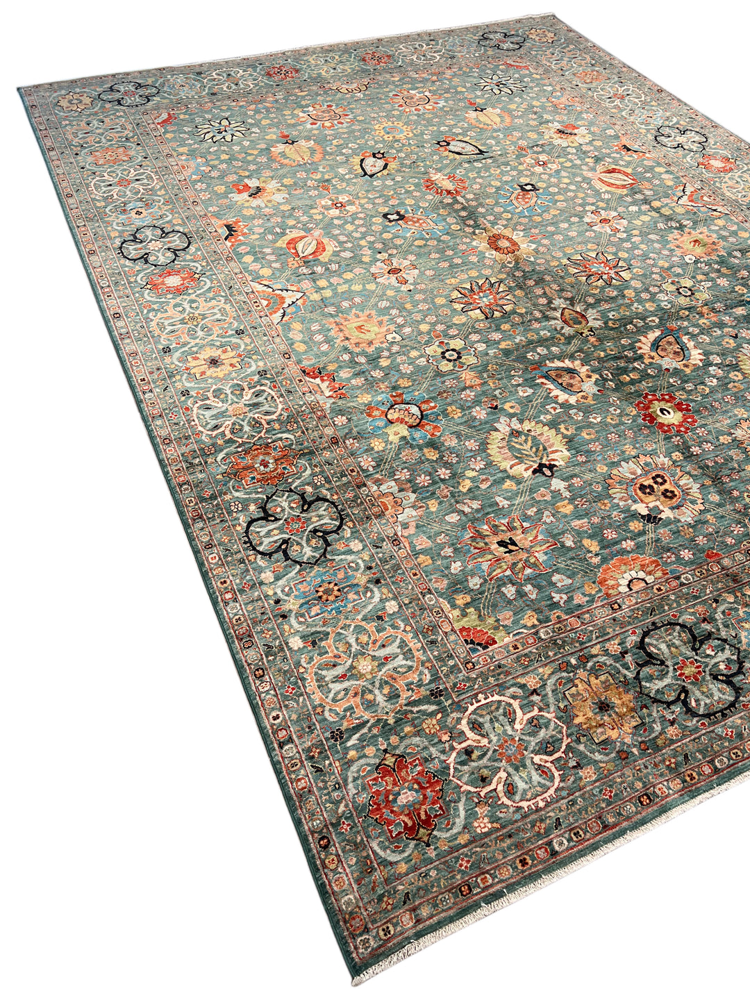 Teal, Aqua &amp; Rust Floral Wool Rug – 9.1’ x 12.3’