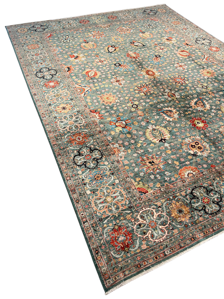 Teal, Aqua &amp; Rust Floral Wool Rug – 9.1’ x 12.3’