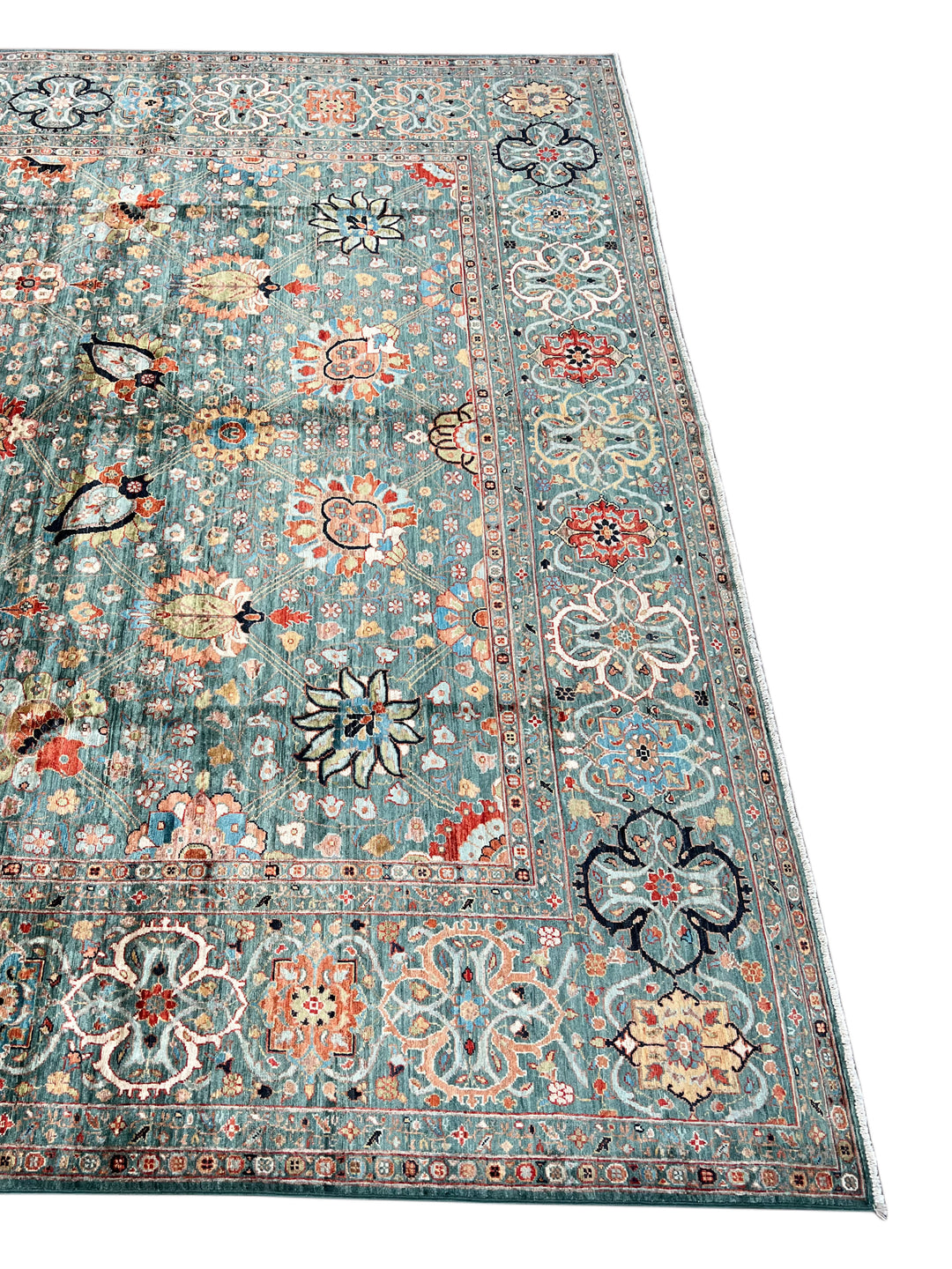 Teal, Aqua &amp; Rust Floral Wool Rug – 9.1’ x 12.3’