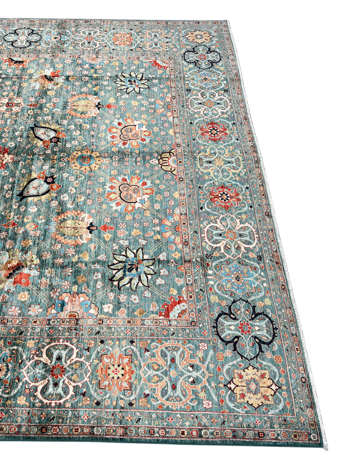 Teal, Aqua &amp; Rust Floral Wool Rug – 9.1’ x 12.3’