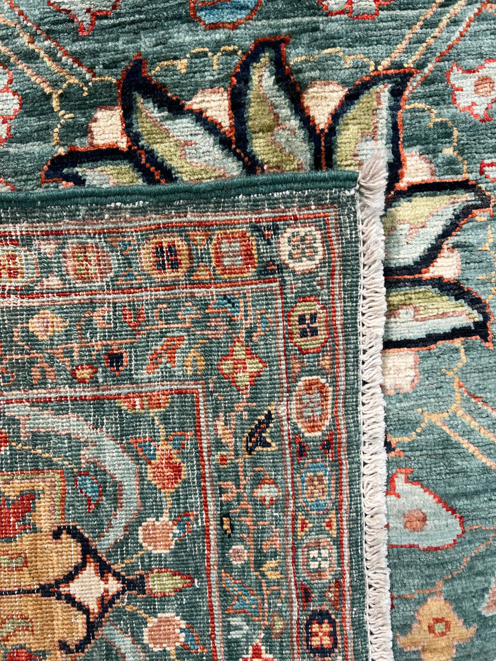 Teal, Aqua &amp; Rust Floral Wool Rug – 9.1’ x 12.3’