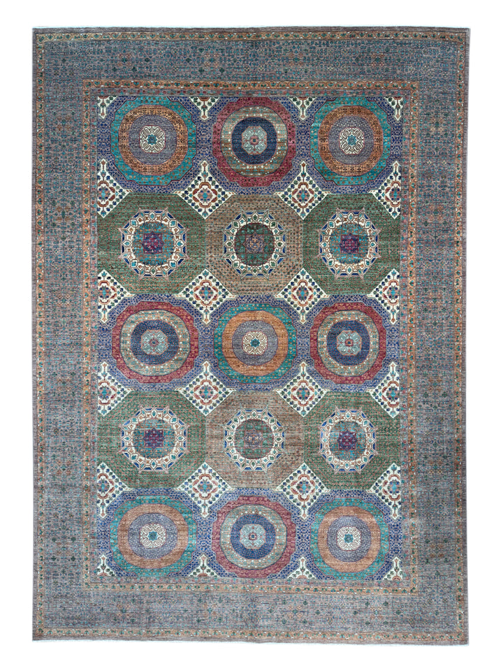 Light Brown, Teal &amp; Blue Geometric Medallion Wool Rug – 9.9’ x 13.11’