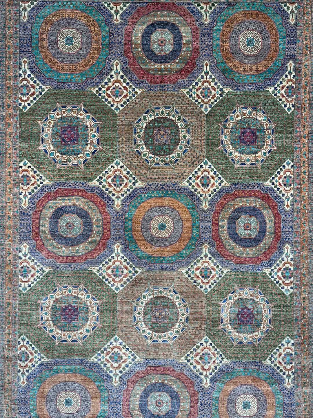 Light Brown, Teal &amp; Blue Geometric Medallion Wool Rug – 9.9’ x 13.11’