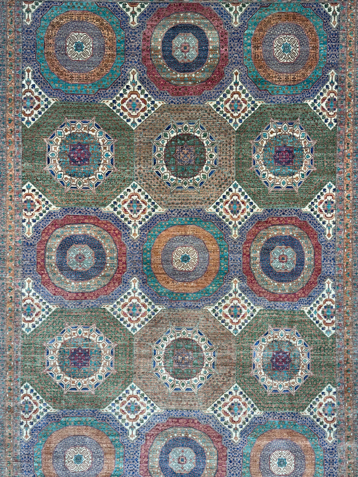 Light Brown, Teal &amp; Blue Geometric Medallion Wool Rug – 9.9’ x 13.11’