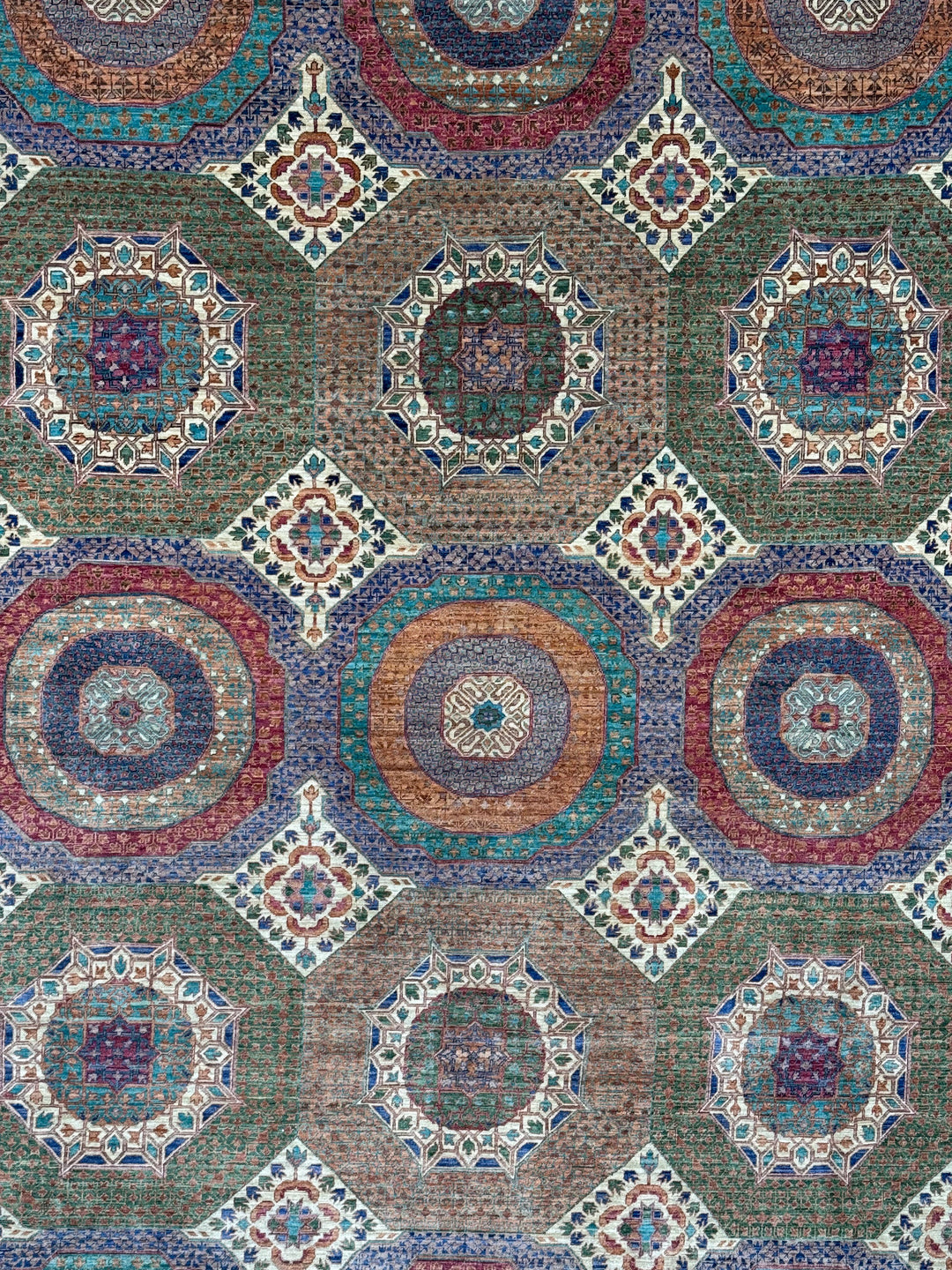 Light Brown, Teal &amp; Blue Geometric Medallion Wool Rug – 9.9’ x 13.11’