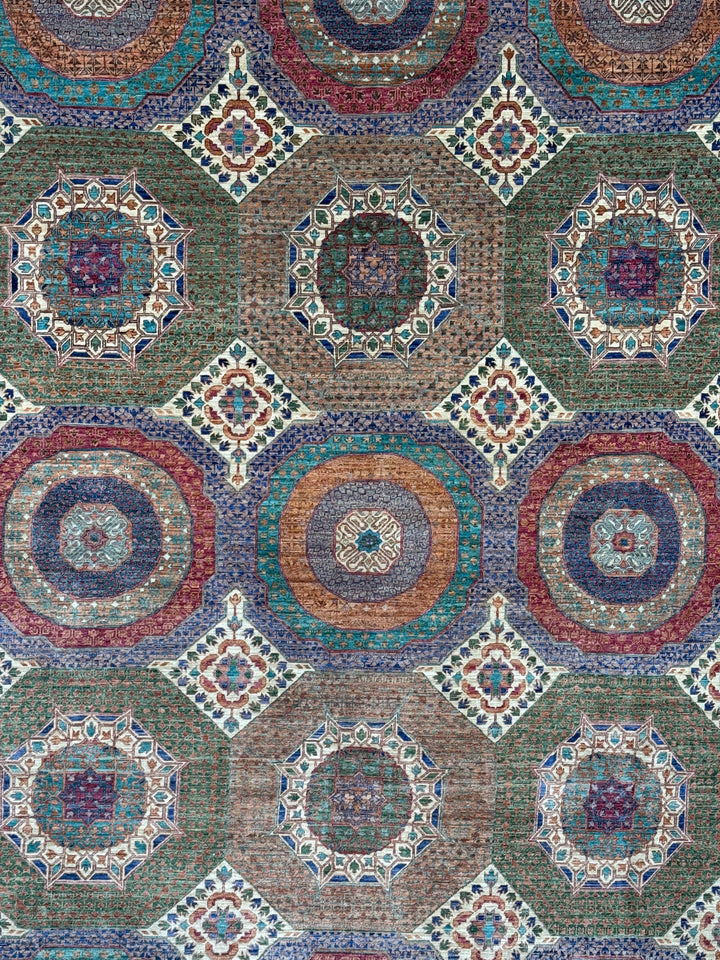 Light Brown, Teal &amp; Blue Geometric Medallion Wool Rug – 9.9’ x 13.11’