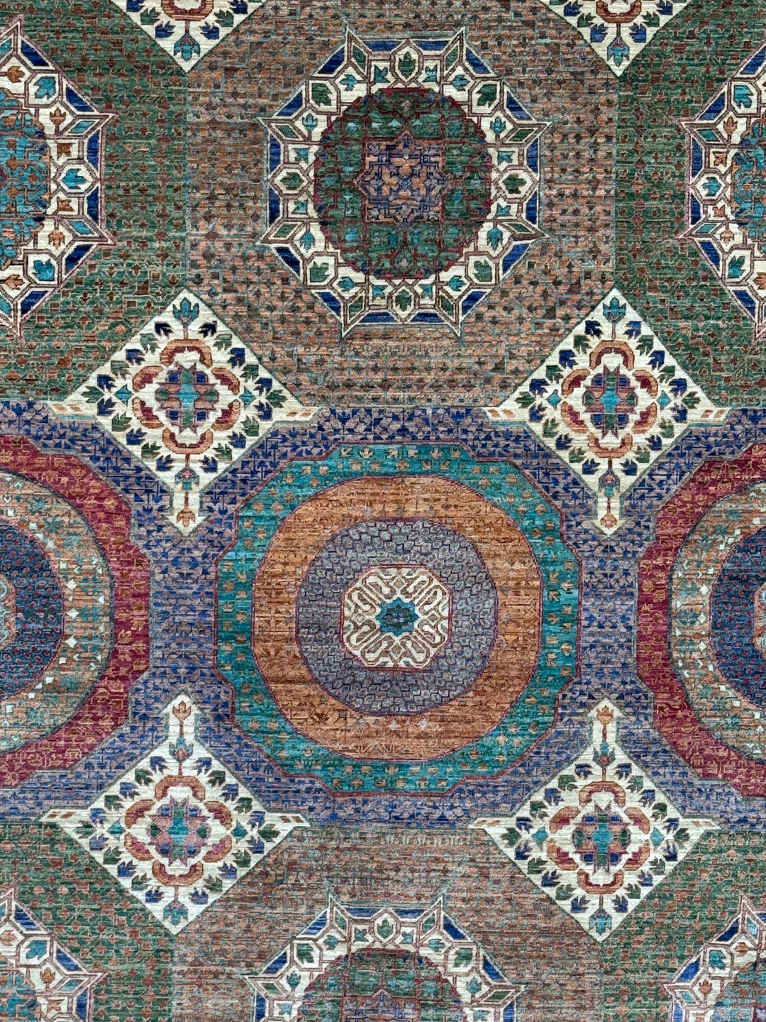 Light Brown, Teal &amp; Blue Geometric Medallion Wool Rug – 9.9’ x 13.11’