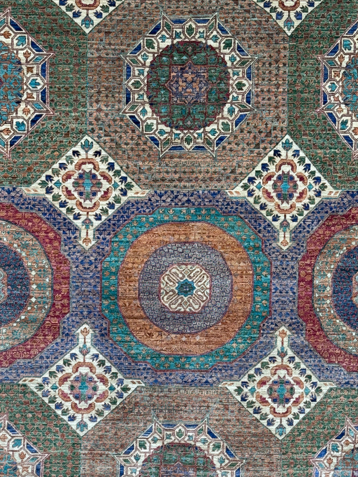 Light Brown, Teal &amp; Blue Geometric Medallion Wool Rug – 9.9’ x 13.11’