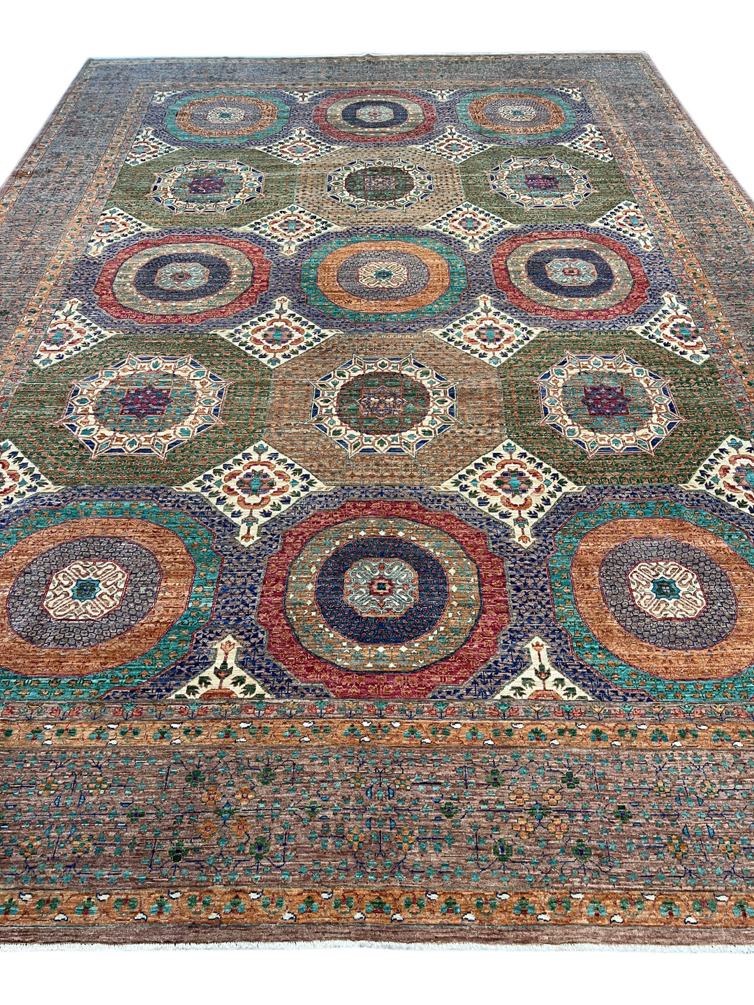 Light Brown, Teal &amp; Blue Geometric Medallion Wool Rug – 9.9’ x 13.11’