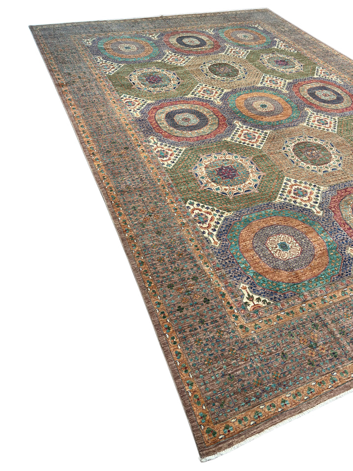 Light Brown, Teal &amp; Blue Geometric Medallion Wool Rug – 9.9’ x 13.11’