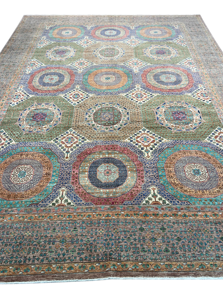 Light Brown, Teal &amp; Blue Geometric Medallion Wool Rug – 9.9’ x 13.11’