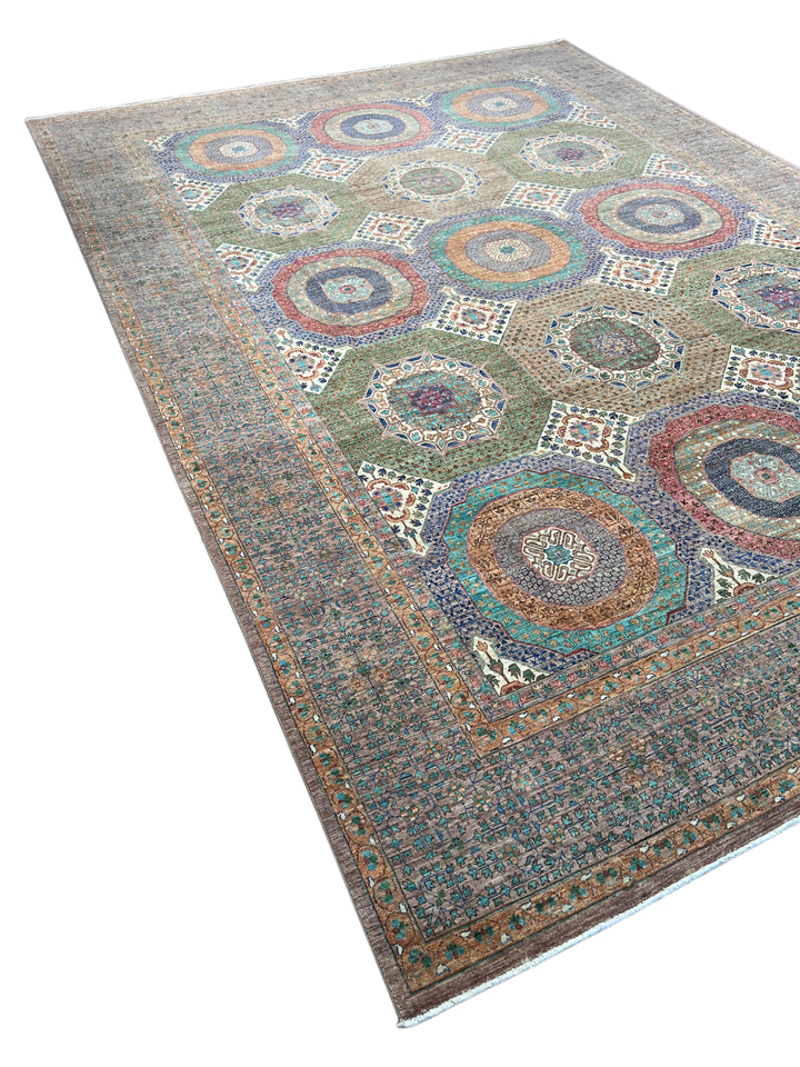 Light Brown, Teal &amp; Blue Geometric Medallion Wool Rug – 9.9’ x 13.11’