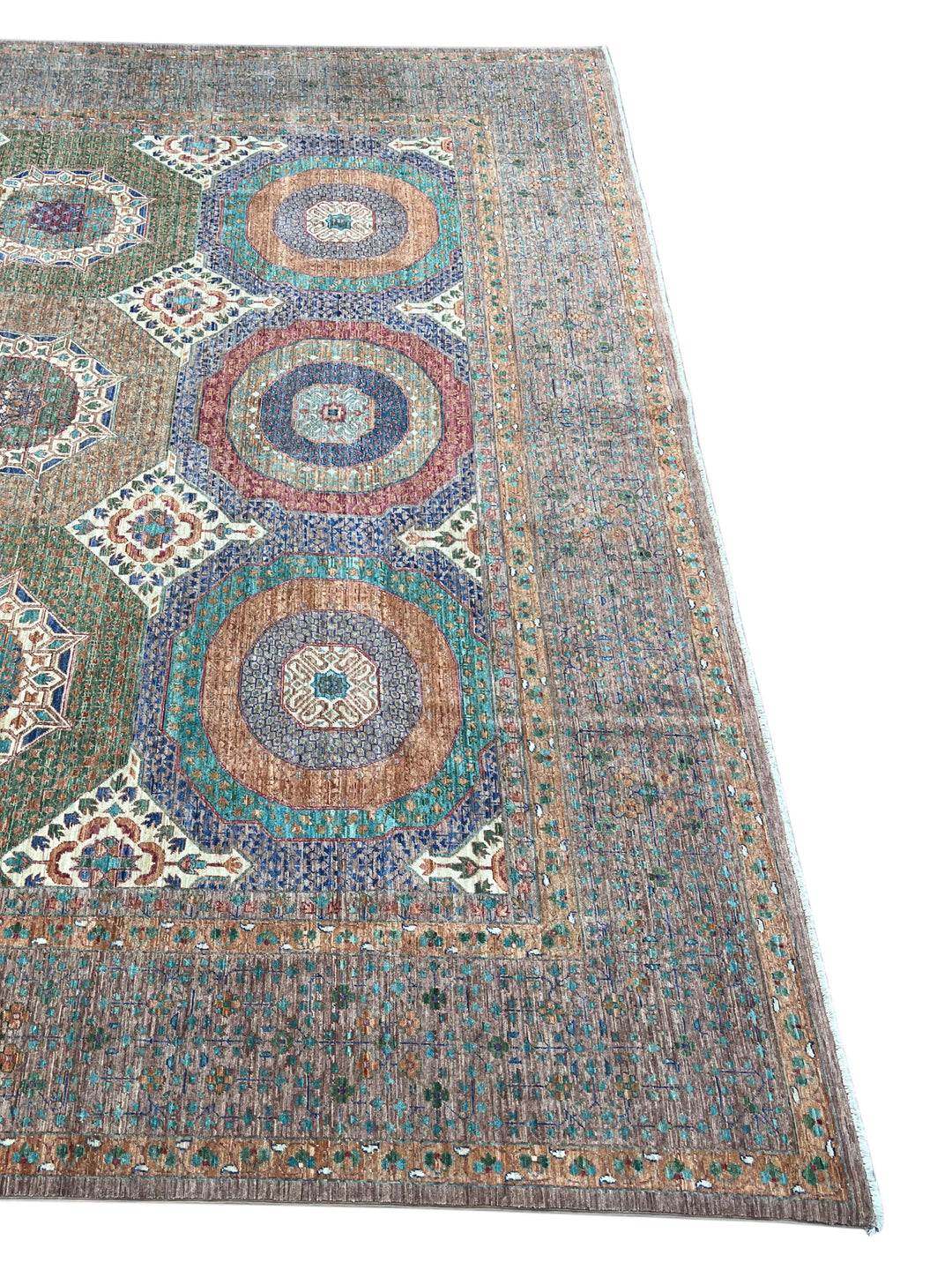 Light Brown, Teal &amp; Blue Geometric Medallion Wool Rug – 9.9’ x 13.11’