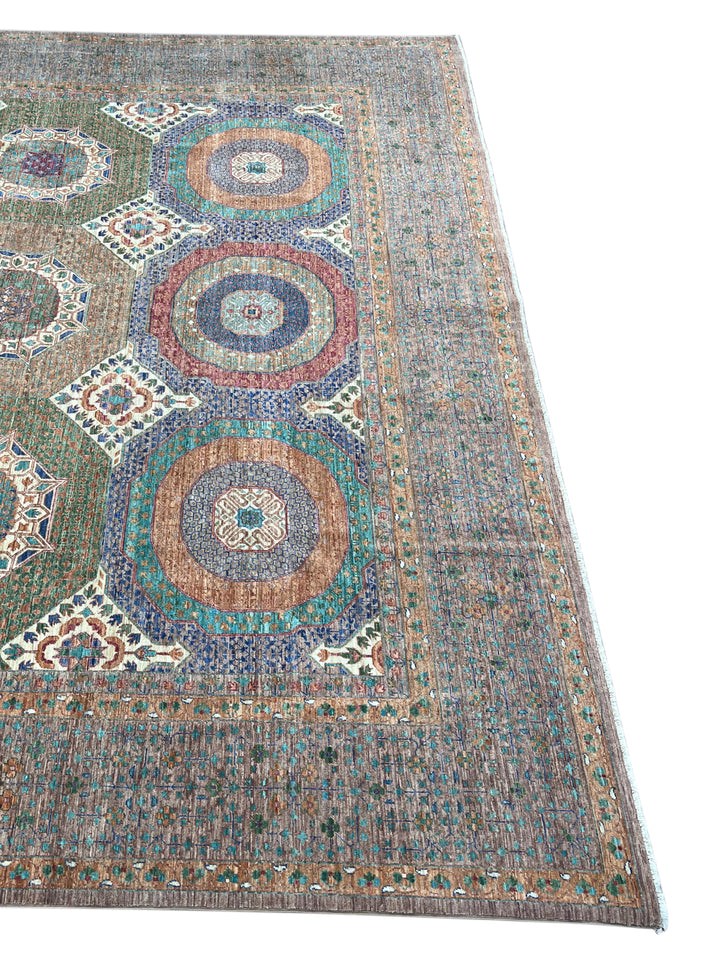 Light Brown, Teal &amp; Blue Geometric Medallion Wool Rug – 9.9’ x 13.11’
