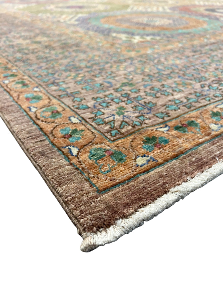 Light Brown, Teal &amp; Blue Geometric Medallion Wool Rug – 9.9’ x 13.11’