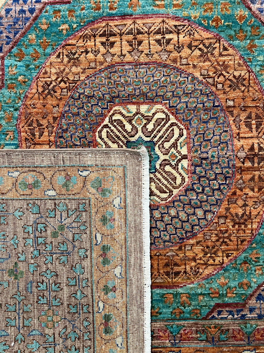 Light Brown, Teal &amp; Blue Geometric Medallion Wool Rug – 9.9’ x 13.11’