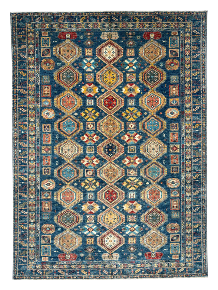 Deep Blue Multicolor Geometric Medallion Wool Rug – 9.11’ x 13.9’