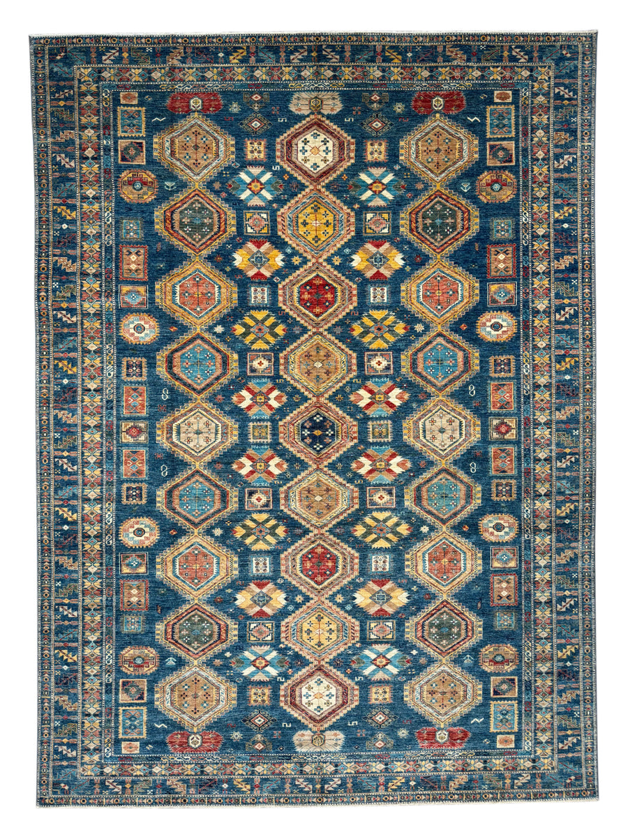 Deep Blue Multicolor Geometric Medallion Wool Rug – 9.11’ x 13.9’