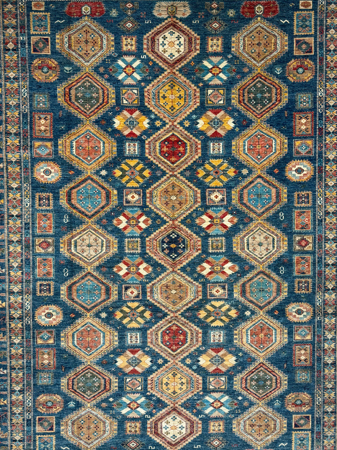Deep Blue Multicolor Geometric Medallion Wool Rug – 9.11’ x 13.9’