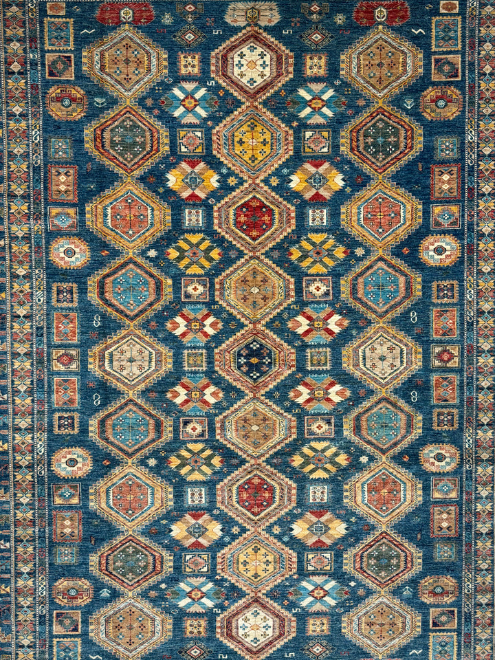 Deep Blue Multicolor Geometric Medallion Wool Rug – 9.11’ x 13.9’