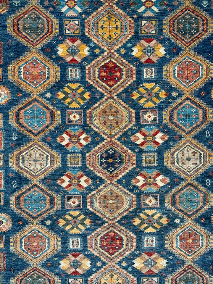 Deep Blue Multicolor Geometric Medallion Wool Rug – 9.11’ x 13.9’