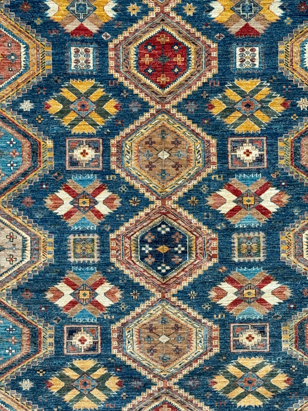 Deep Blue Multicolor Geometric Medallion Wool Rug – 9.11’ x 13.9’