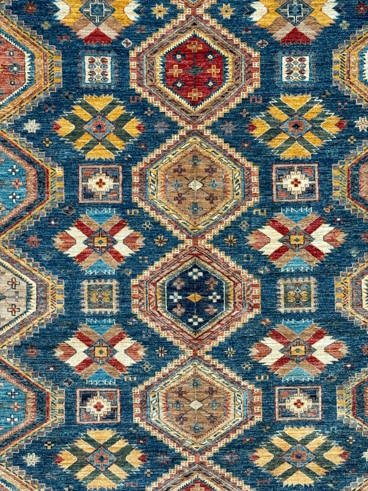 Deep Blue Multicolor Geometric Medallion Wool Rug – 9.11’ x 13.9’