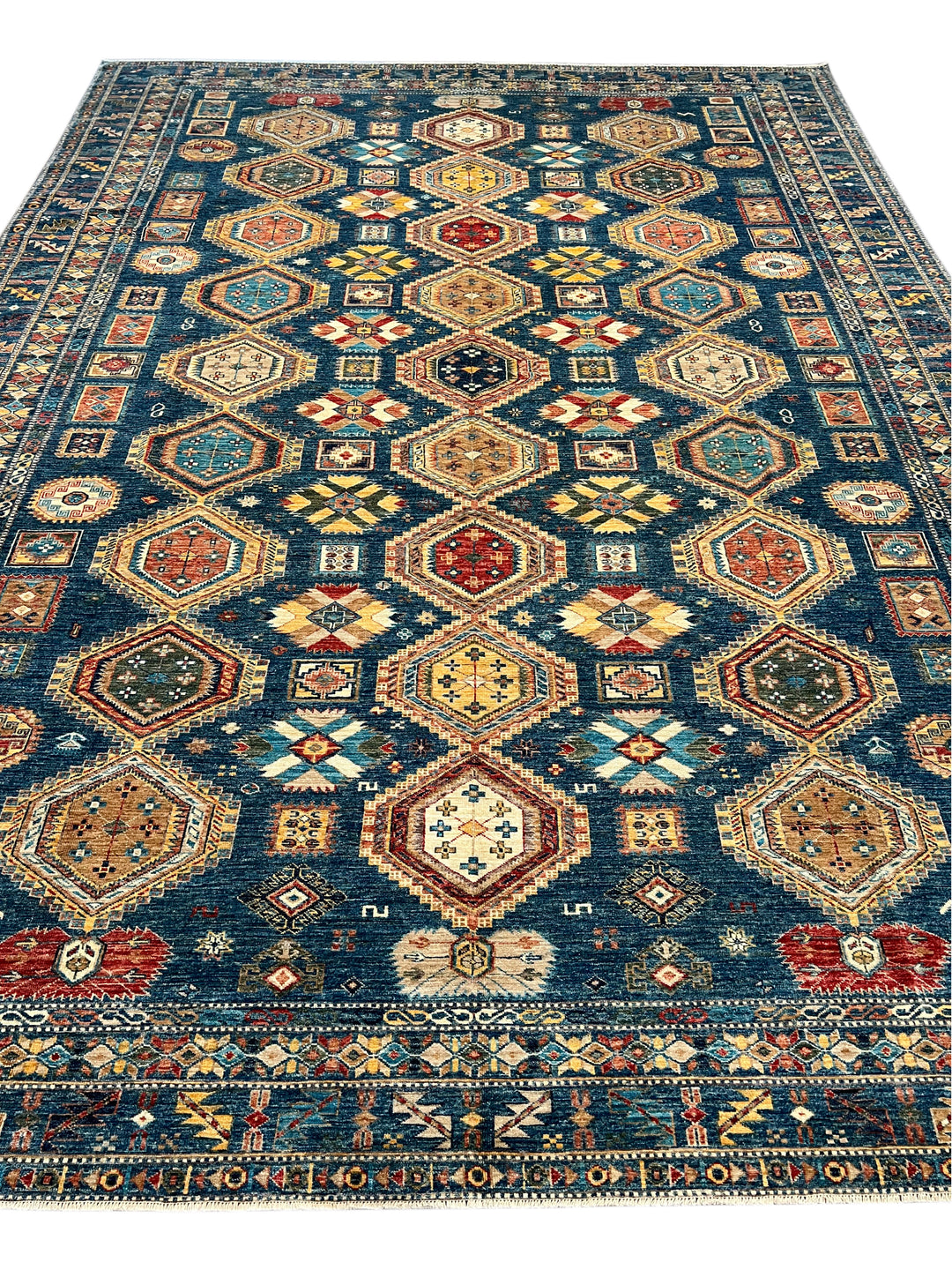 Deep Blue Multicolor Geometric Medallion Wool Rug – 9.11’ x 13.9’
