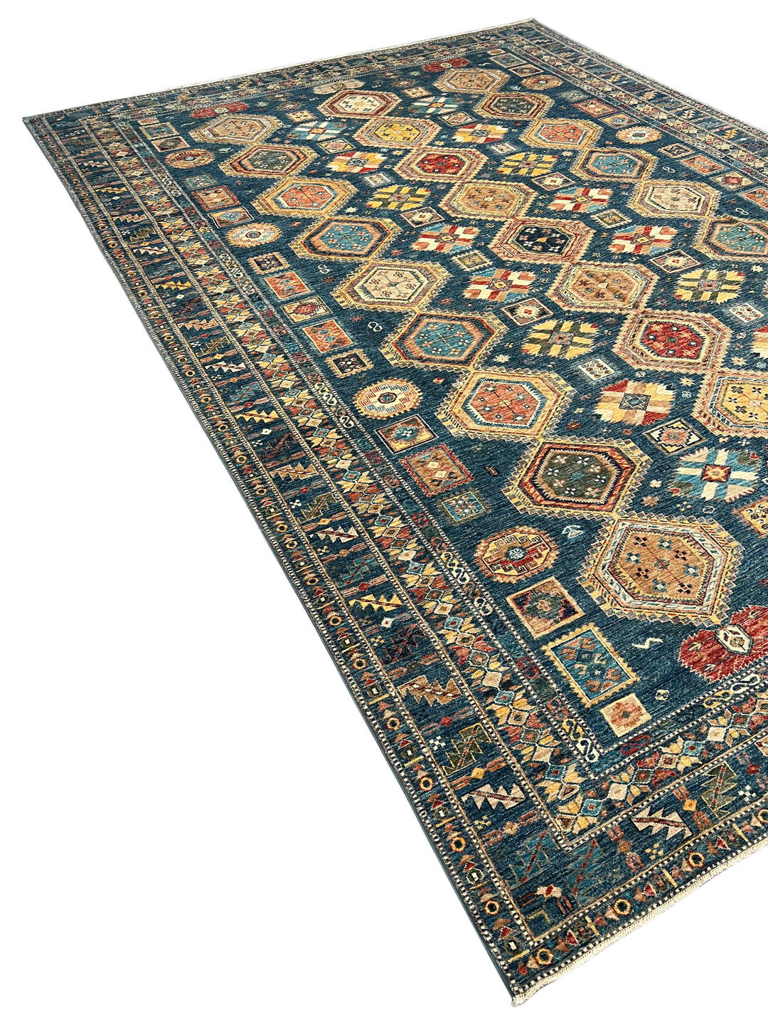Deep Blue Multicolor Geometric Medallion Wool Rug – 9.11’ x 13.9’