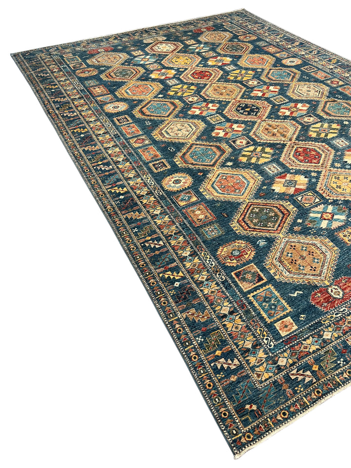 Deep Blue Multicolor Geometric Medallion Wool Rug – 9.11’ x 13.9’