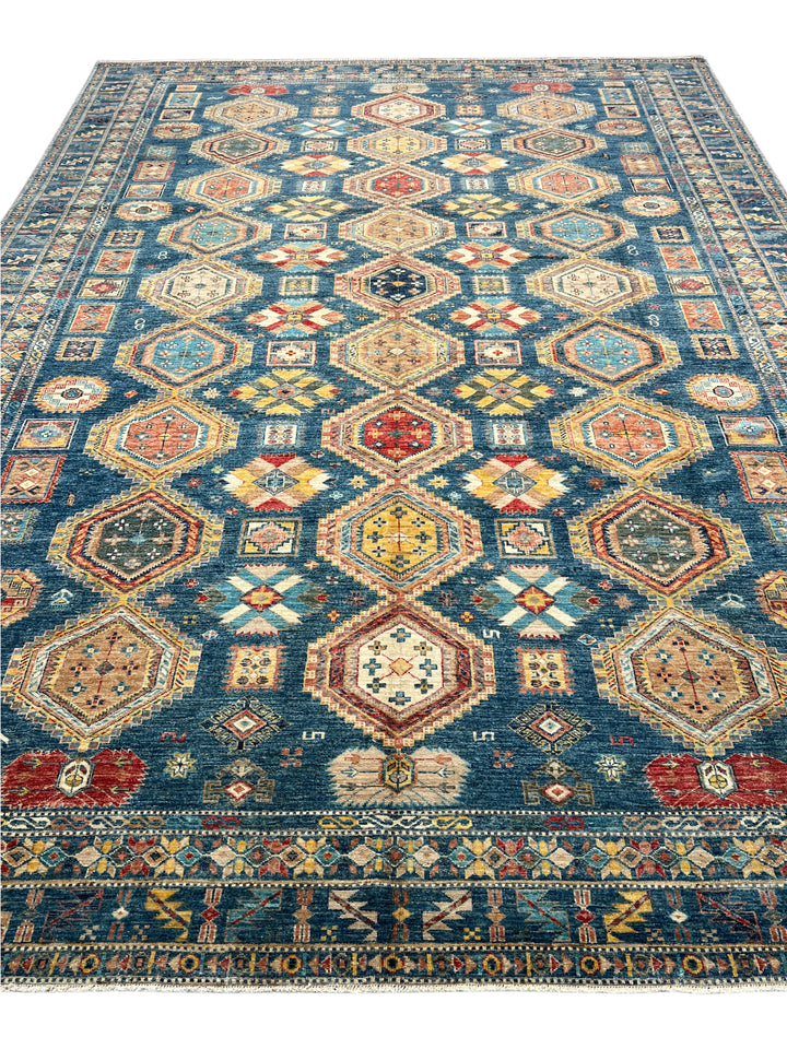 Deep Blue Multicolor Geometric Medallion Wool Rug – 9.11’ x 13.9’