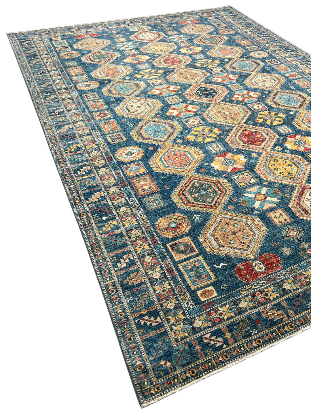 Deep Blue Multicolor Geometric Medallion Wool Rug – 9.11’ x 13.9’