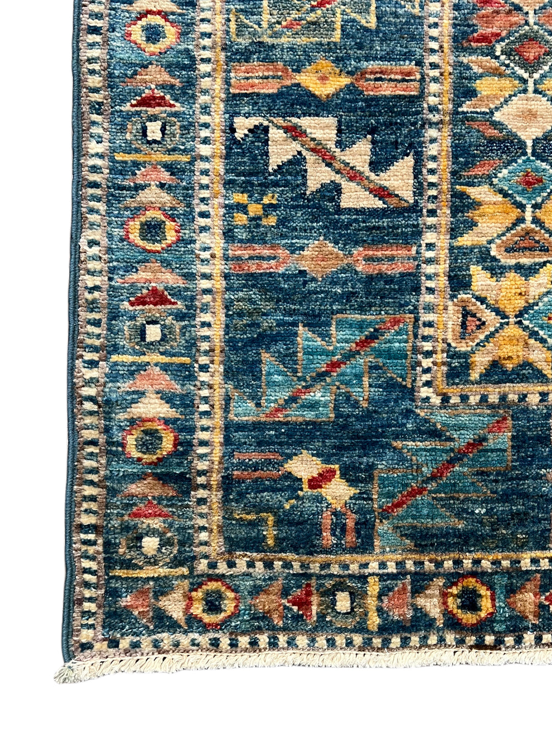 Deep Blue Multicolor Geometric Medallion Wool Rug – 9.11’ x 13.9’