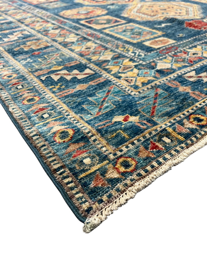 Deep Blue Multicolor Geometric Medallion Wool Rug – 9.11’ x 13.9’