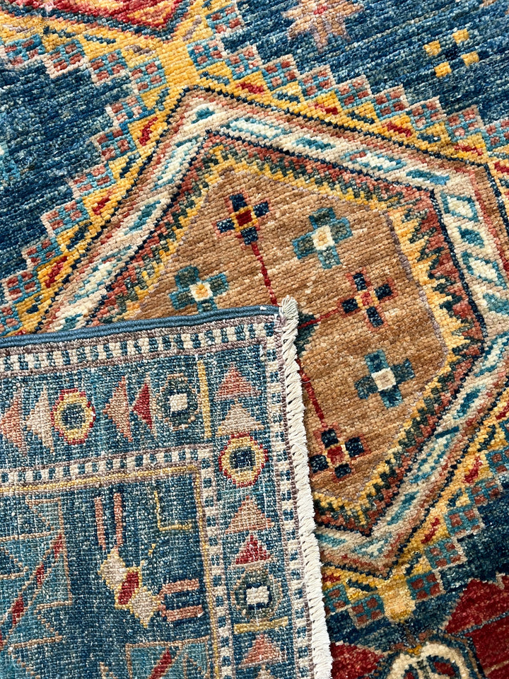 Deep Blue Multicolor Geometric Medallion Wool Rug – 9.11’ x 13.9’