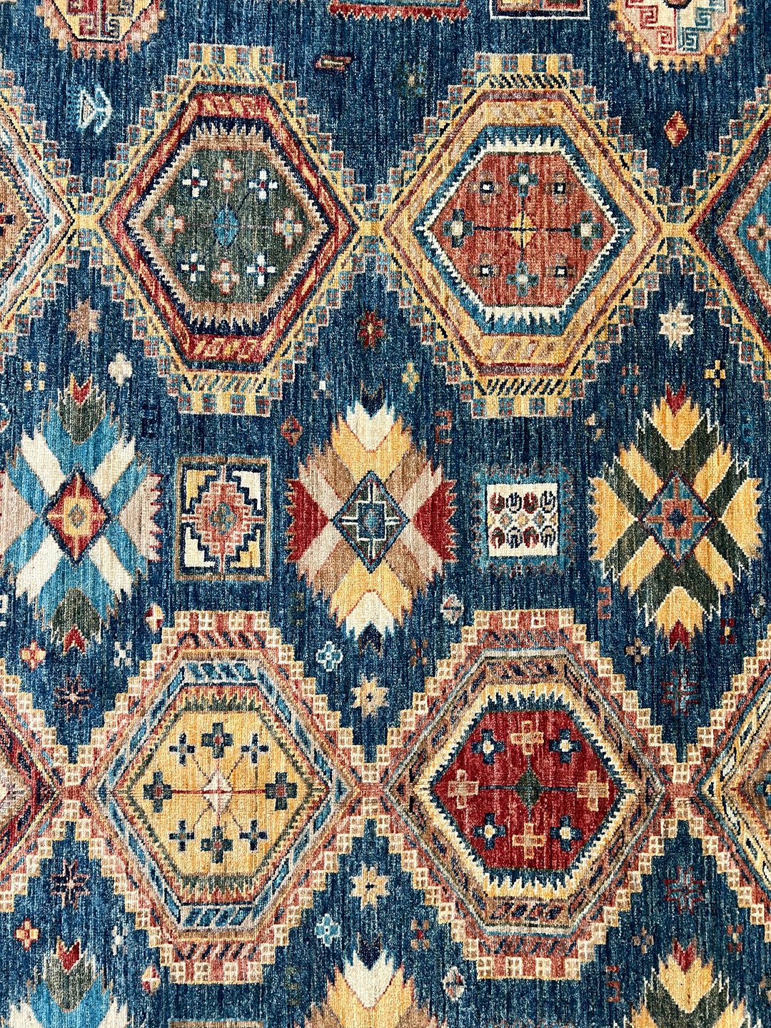 Deep Blue Multicolor Geometric Medallion Wool Rug – 9.11’ x 13.9’