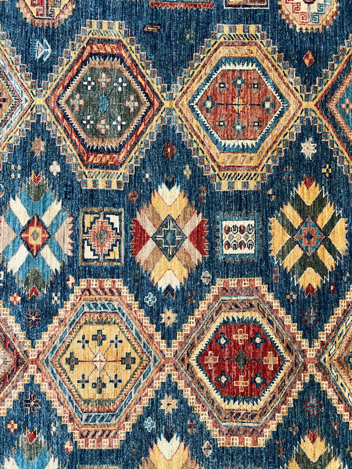 Deep Blue Multicolor Geometric Medallion Wool Rug – 9.11’ x 13.9’