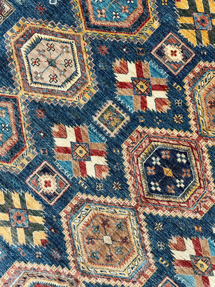 Deep Blue Multicolor Geometric Medallion Wool Rug – 9.11’ x 13.9’