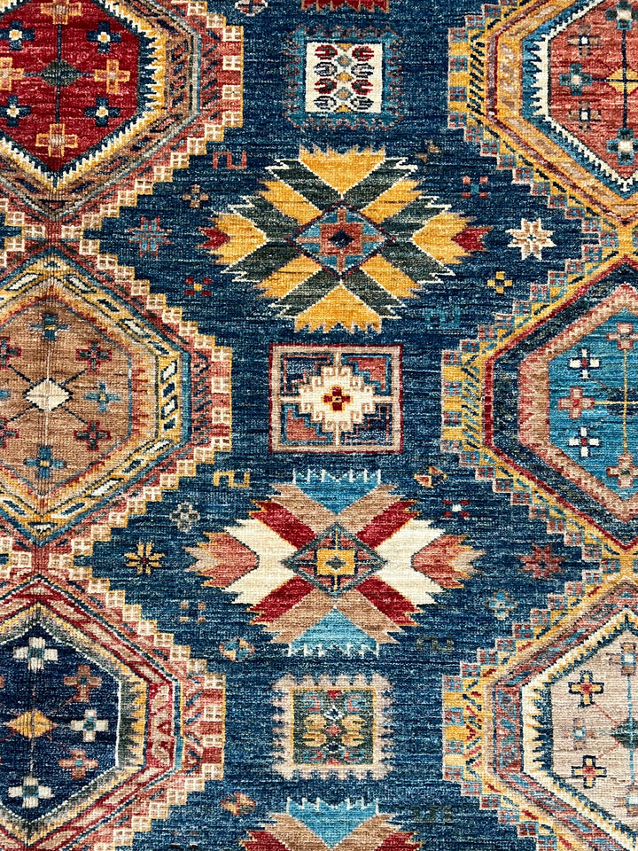 Deep Blue Multicolor Geometric Medallion Wool Rug – 9.11’ x 13.9’
