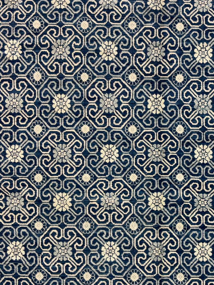 Navy Blue &amp; Ivory Geometric Oversized Square Rug – 14.1’ x 14.5’