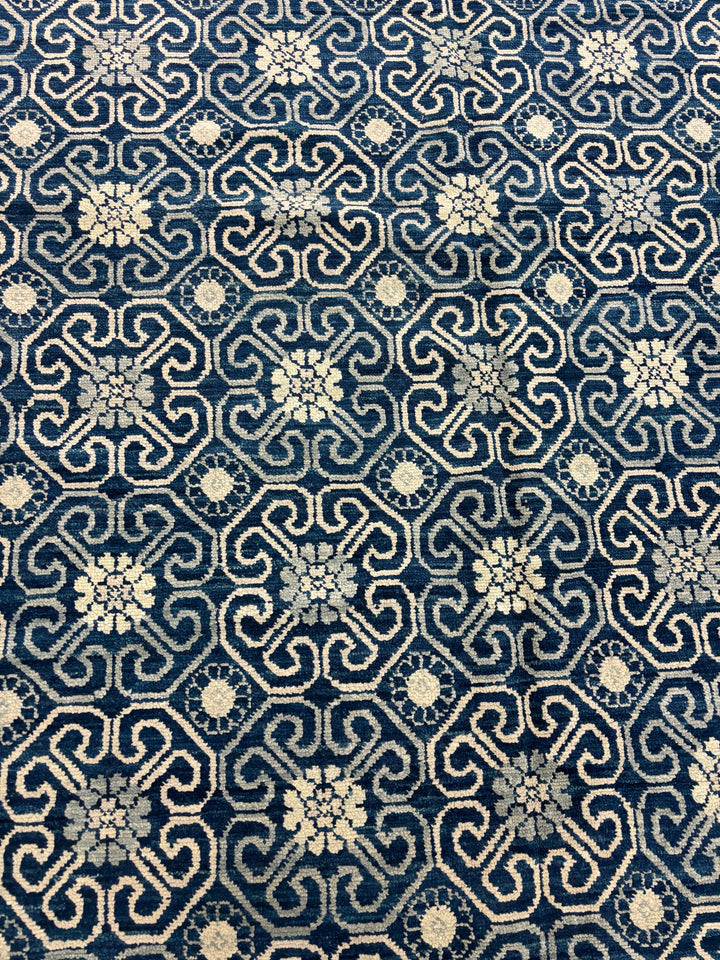 Navy Blue &amp; Ivory Geometric Oversized Square Rug – 14.1’ x 14.5’