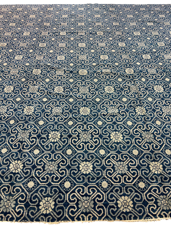 Navy Blue &amp; Ivory Geometric Oversized Square Rug – 14.1’ x 14.5’