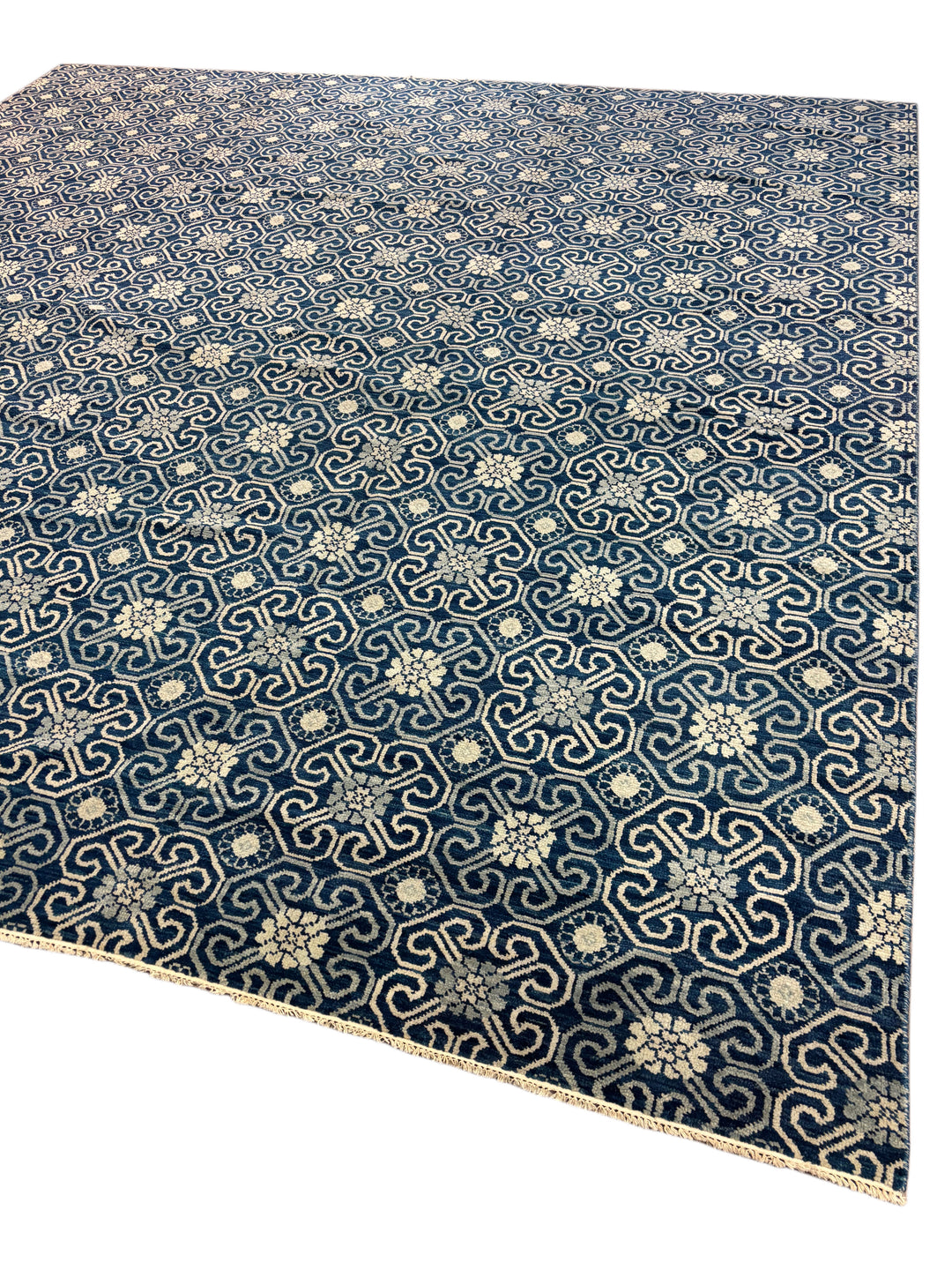 Navy Blue &amp; Ivory Geometric Oversized Square Rug – 14.1’ x 14.5’