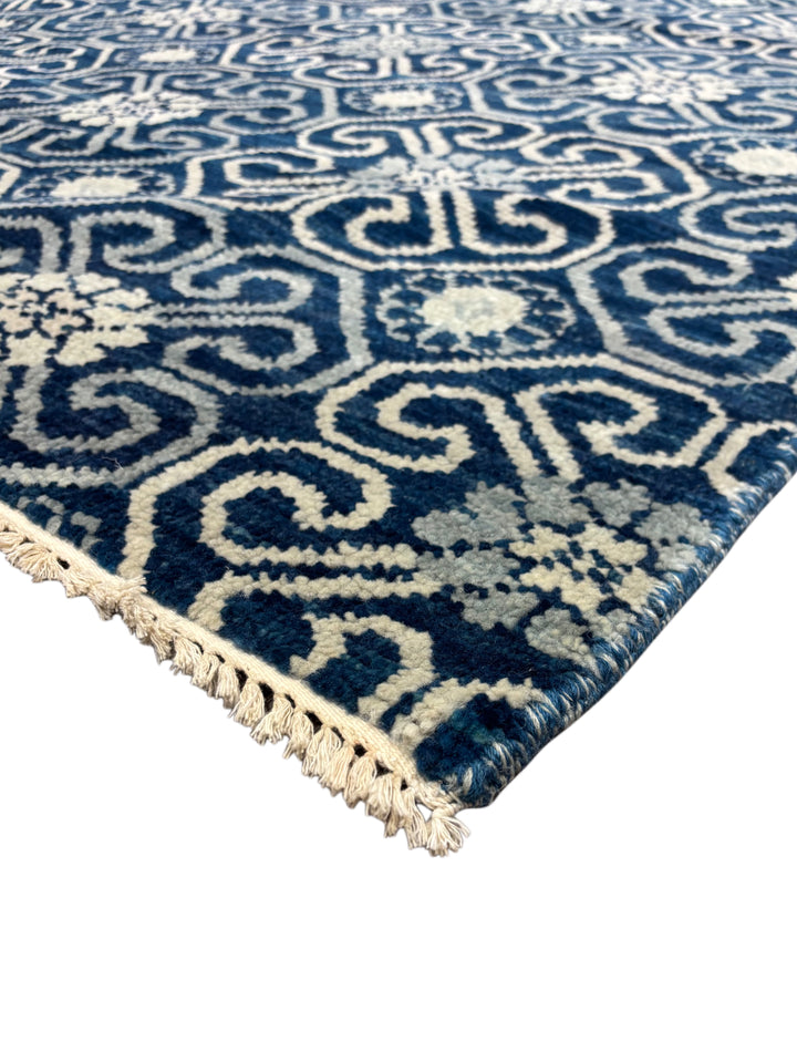 Navy Blue &amp; Ivory Geometric Oversized Square Rug – 14.1’ x 14.5’