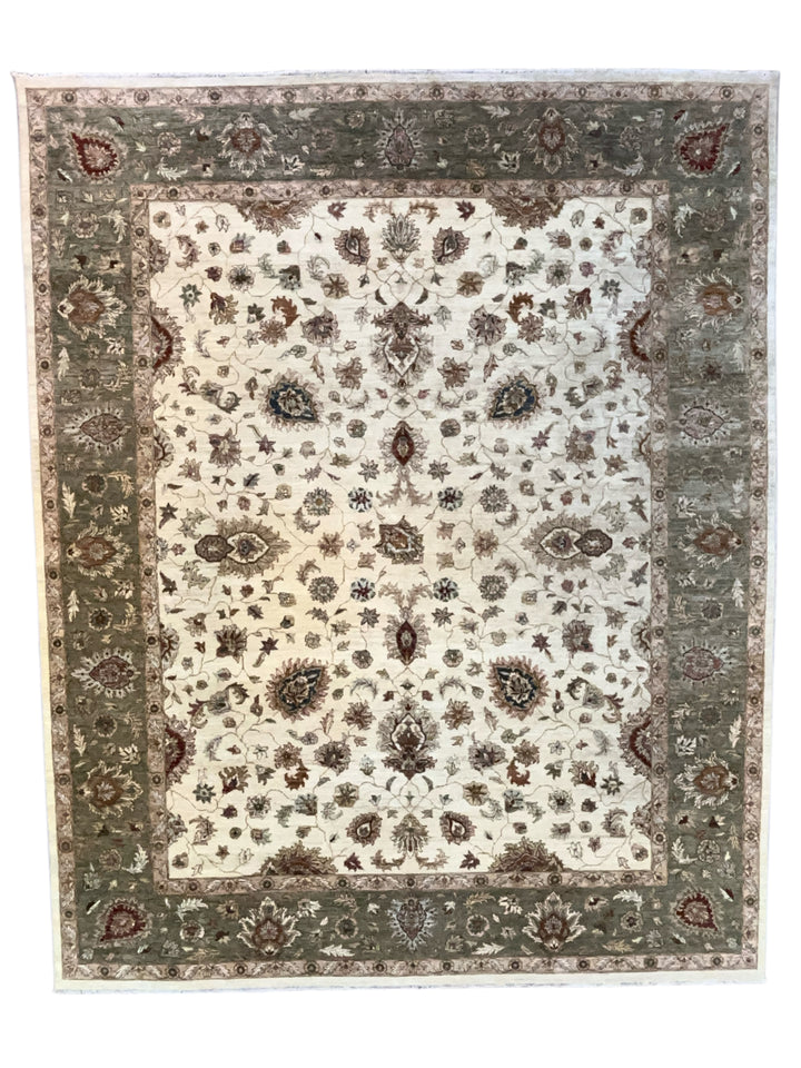 Ivory &amp; Sage Green Floral Wool Rug – 12.0’ x 14.10’