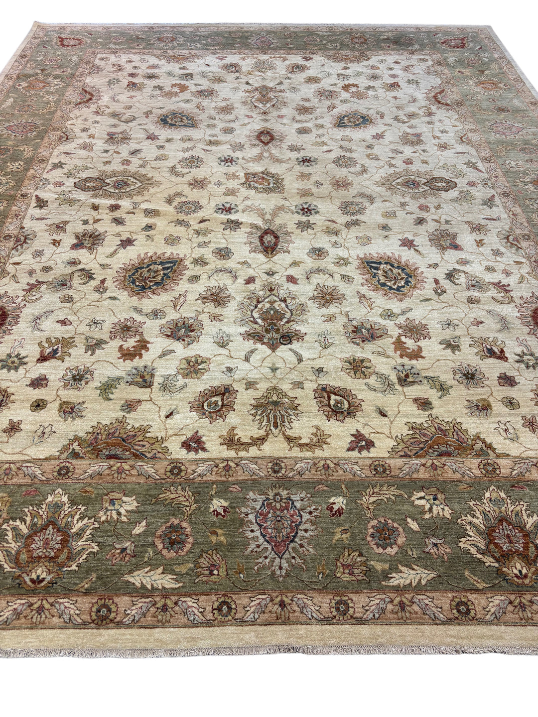 Ivory &amp; Sage Green Floral Wool Rug – 12.0’ x 14.10’